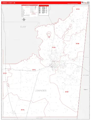 Lowndes County, MS RedLine style ZIP Code wall map