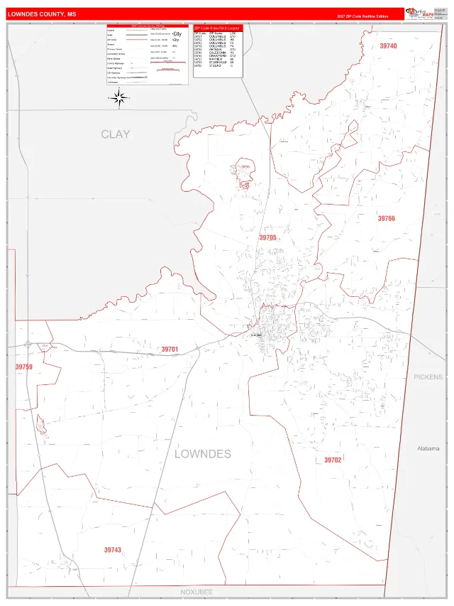 Lowndes County, MS ZIP Code Wall Map, RedLine style