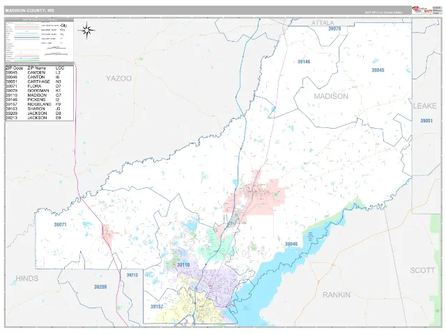 Madison County, MS ZIP Code Wall Map, Classic style