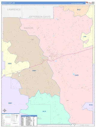 Marion County, MS ColorCast style ZIP Code wall map