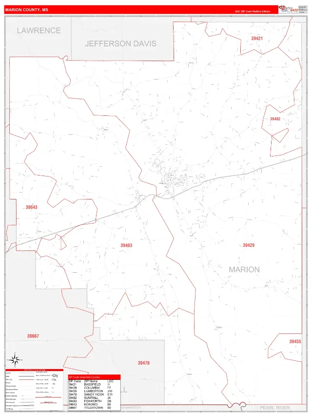 Marion County, MS ZIP Code Wall Map, RedLine style