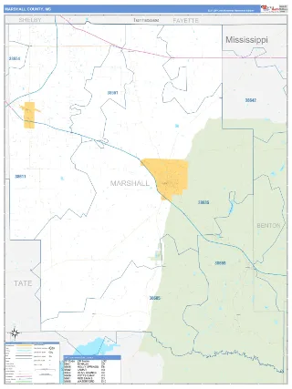 Marshall County, MS Business Reference style ZIP Code wall map