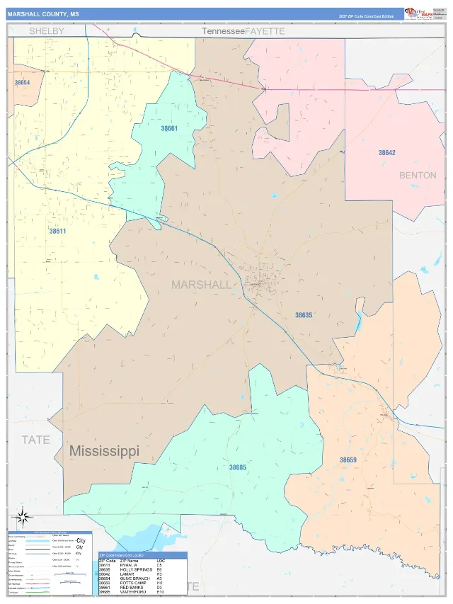 Marshall County, MS ZIP Code Wall Map, ColorCast style