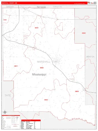 Marshall County, MS RedLine style ZIP Code wall map