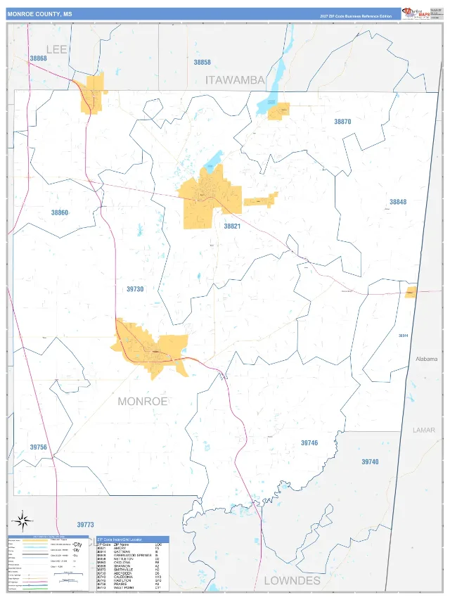 Monroe County, MS ZIP Code Wall Map, Business Reference style