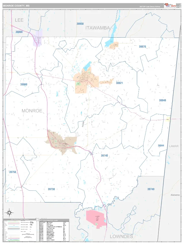 Monroe County, MS ZIP Code Wall Map, Classic style