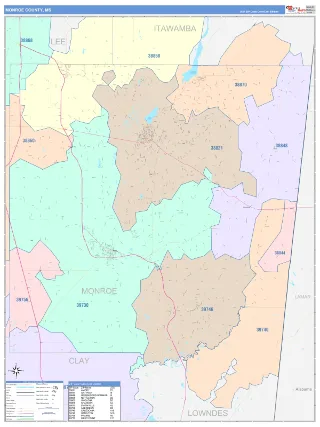 Monroe County, MS ColorCast style ZIP Code wall map
