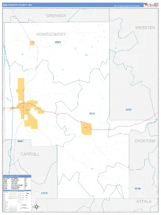 Montgomery County, MS Business Reference style ZIP Code wall map