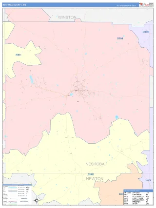 Neshoba County, MS ColorCast style ZIP Code wall map
