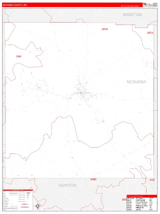Neshoba County, MS RedLine style ZIP Code wall map