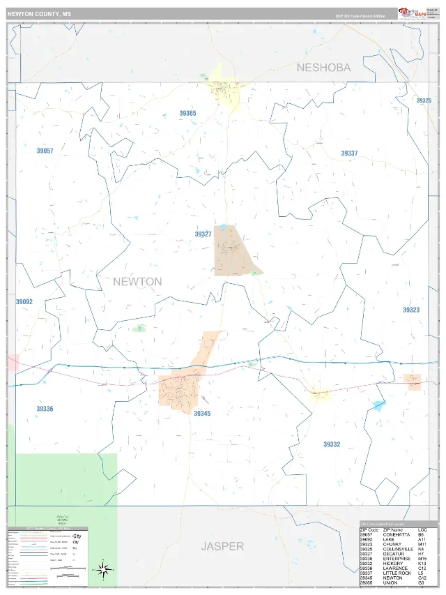 Newton County, MS ZIP Code Wall Map, Classic style