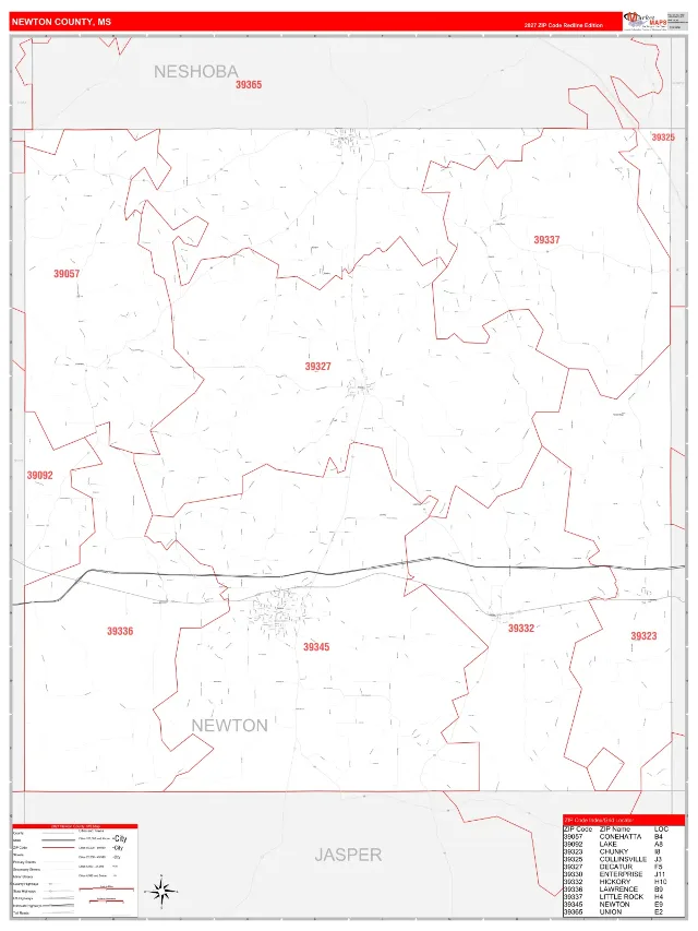 Newton County, MS ZIP Code Wall Map, RedLine style