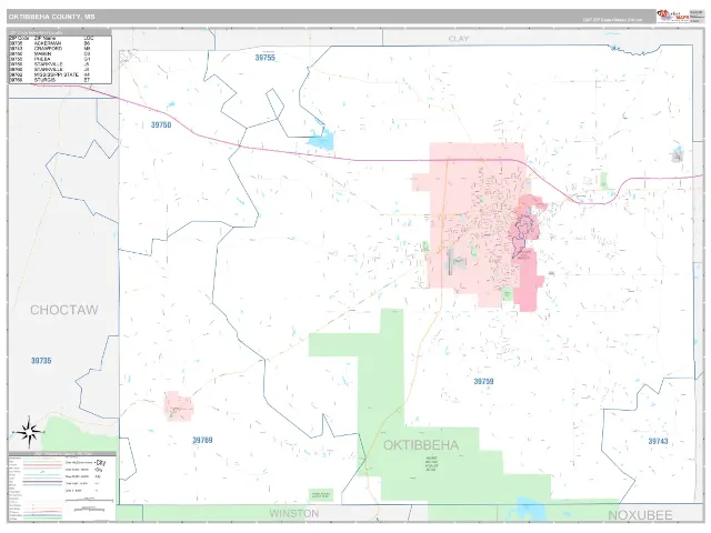 Oktibbeha County, MS ZIP Code Wall Map, Classic style