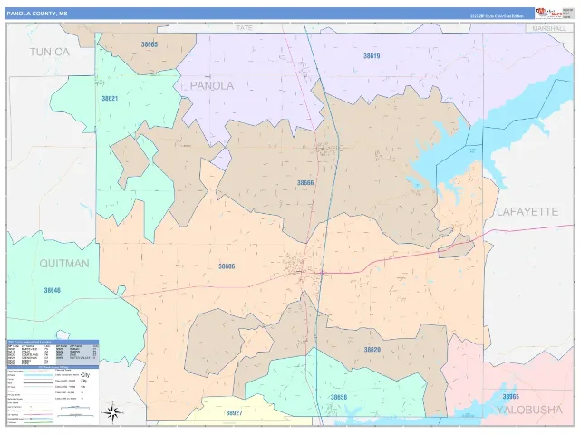 Panola County, MS ZIP Code Wall Map, ColorCast style