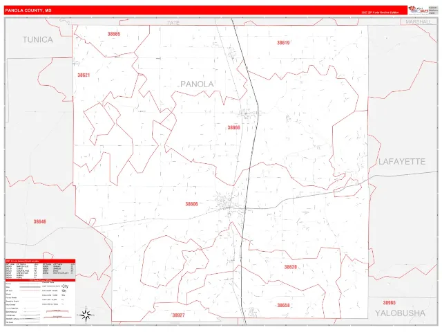 Panola County, MS ZIP Code Wall Map, RedLine style