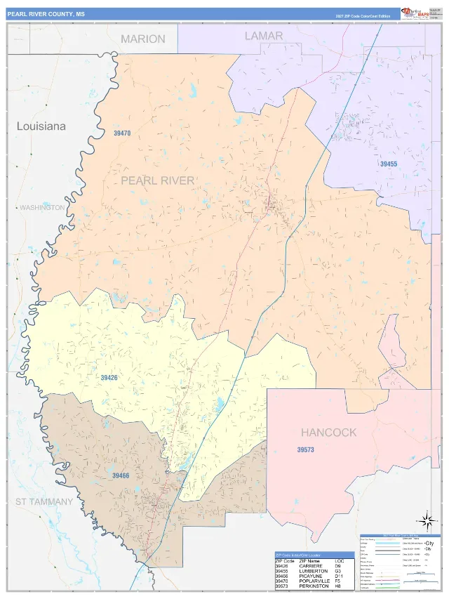 Pearl River County, MS ZIP Code Wall Map, ColorCast style