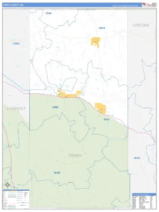 Perry County, MS Business Reference style ZIP Code wall map