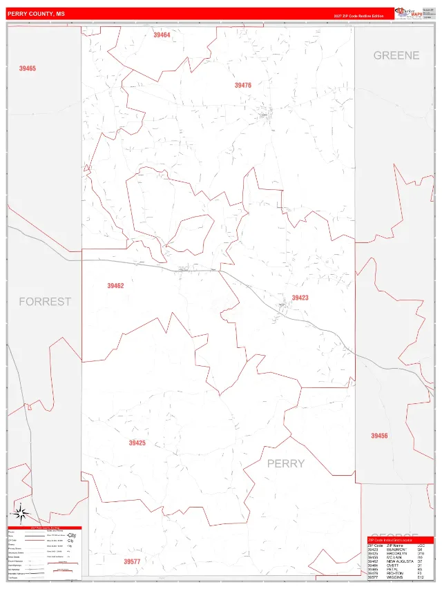 Perry County, MS ZIP Code Wall Map, RedLine style