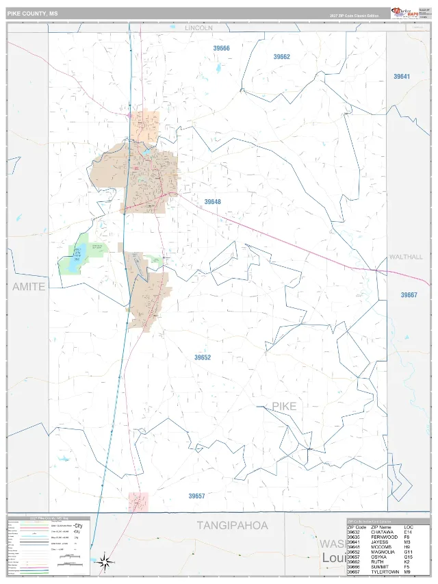Pike County, MS ZIP Code Wall Map, Classic style