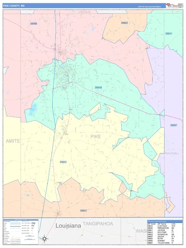 Pike County, MS ZIP Code Wall Map, ColorCast style