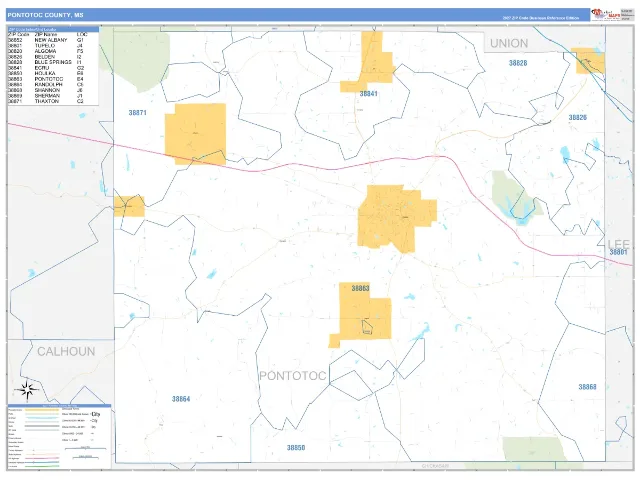 Pontotoc County, MS ZIP Code Wall Map, Business Reference style