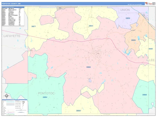 Pontotoc County, MS ZIP Code Wall Map, ColorCast style
