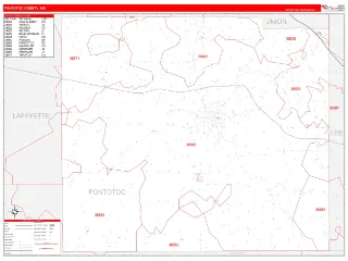 Pontotoc County, MS RedLine style ZIP Code wall map