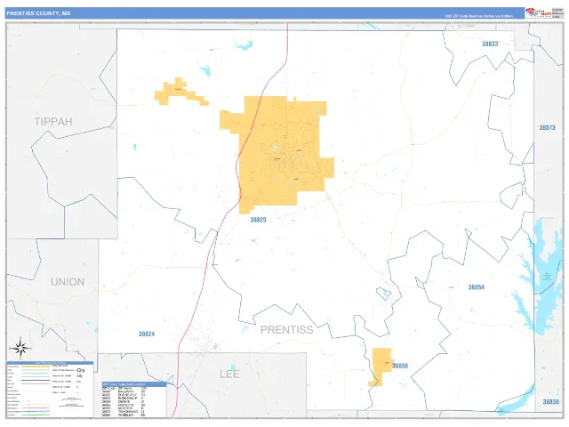 Prentiss County, MS ZIP Code Wall Map, Business Reference style