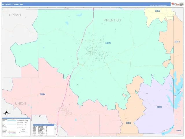 Prentiss County, MS ZIP Code Wall Map, ColorCast style