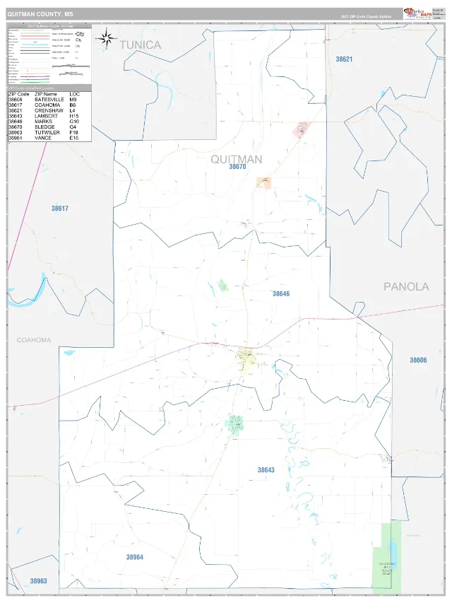Quitman County, MS ZIP Code Wall Map, Classic style