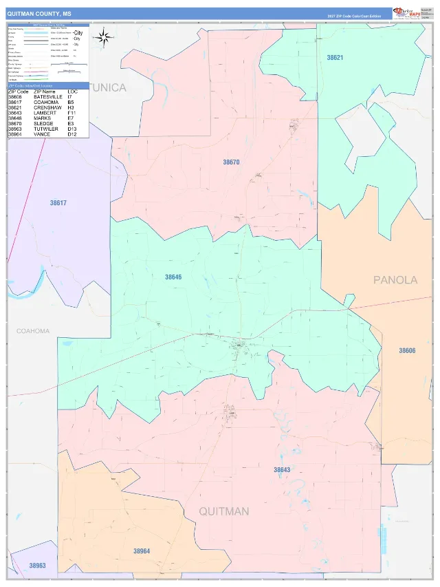 Quitman County, MS ZIP Code Wall Map, ColorCast style