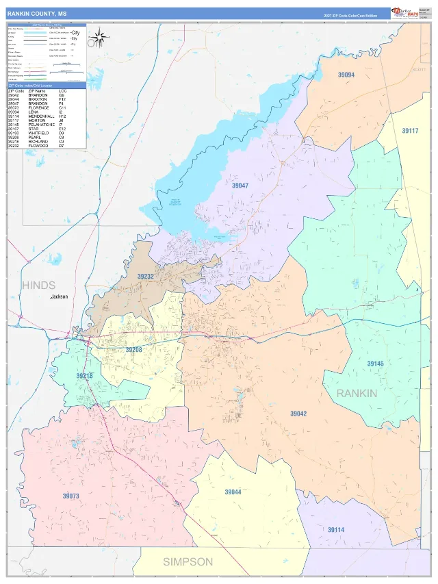 Rankin County, MS ZIP Code Wall Map, ColorCast style