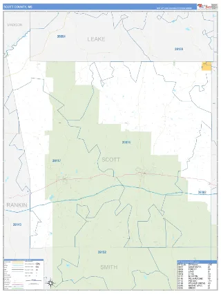 Scott County, MS Business Reference style ZIP Code wall map