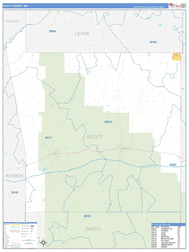 Scott County, MS ZIP Code Wall Map, Business Reference style