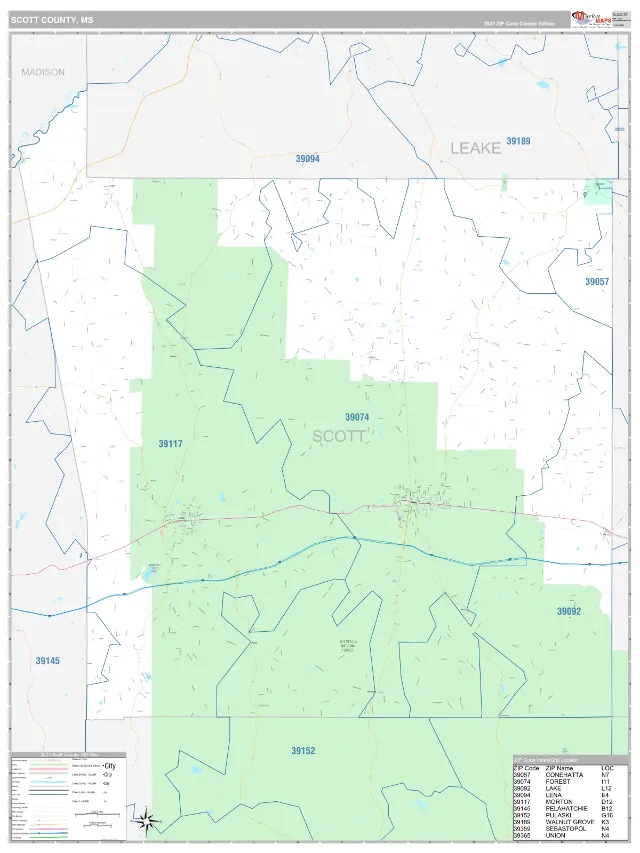 Scott County, MS ZIP Code Wall Map, Classic style