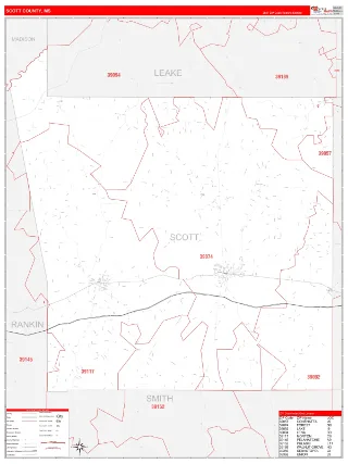 Scott County, MS RedLine style ZIP Code wall map