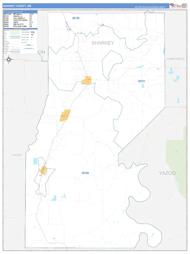 Sharkey County, MS ZIP Code Wall Map, Business Reference style