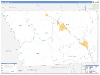 Simpson County, MS Business Reference style ZIP Code wall map
