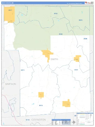 Smith County, MS Business Reference style ZIP Code wall map