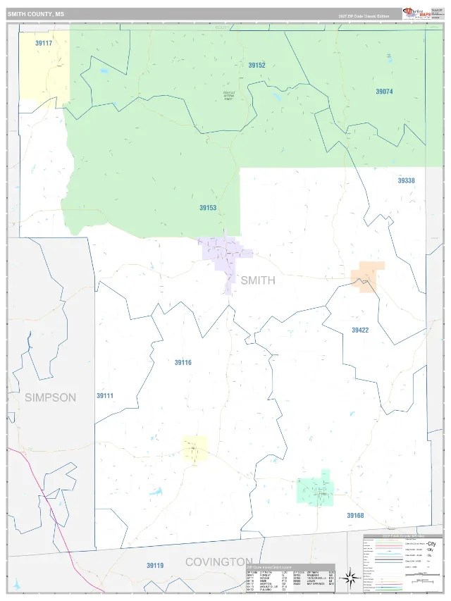 Smith County, MS ZIP Code Wall Map, Classic style
