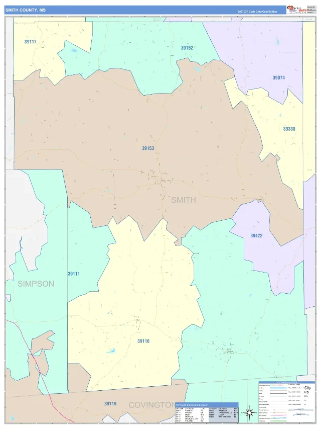 Smith County, MS ZIP Code Wall Map, ColorCast style