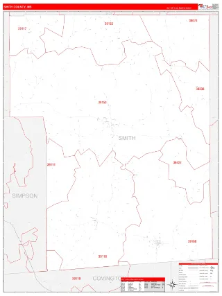 Smith County, MS RedLine style ZIP Code wall map