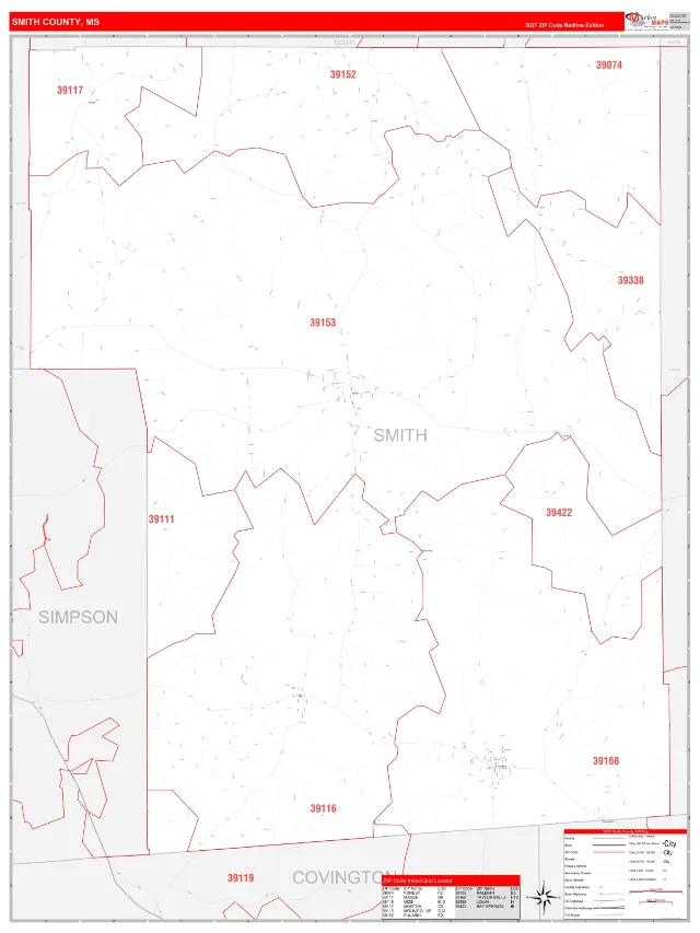 Smith County, MS ZIP Code Wall Map, RedLine style