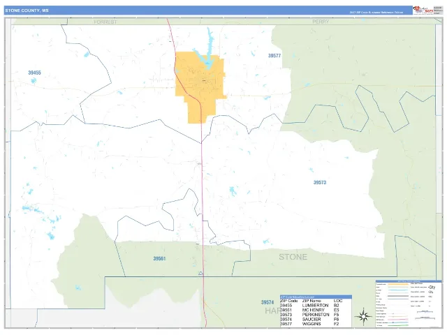 Stone County, MS ZIP Code Wall Map, Business Reference style