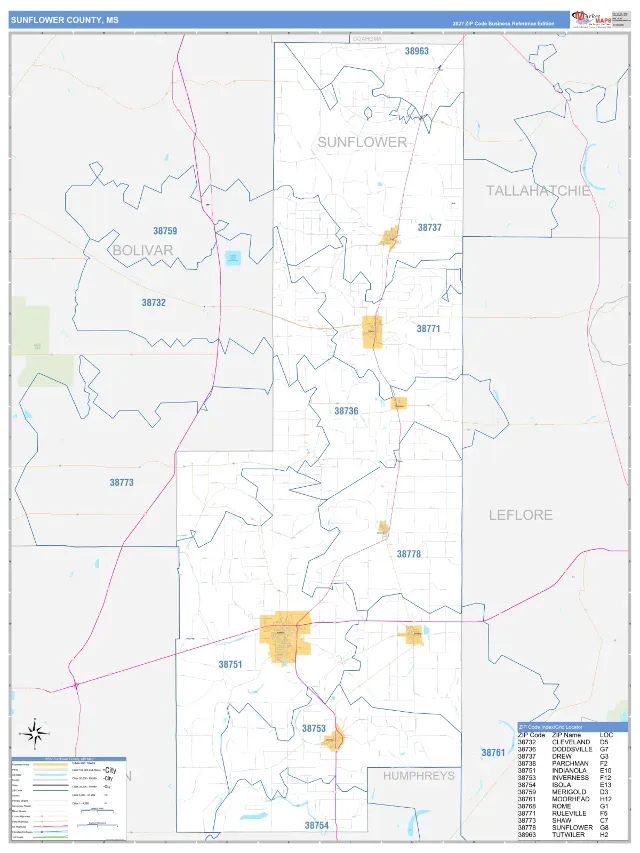Sunflower County, MS ZIP Code Wall Map, Business Reference style
