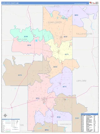 Sunflower County, MS ColorCast style ZIP Code wall map