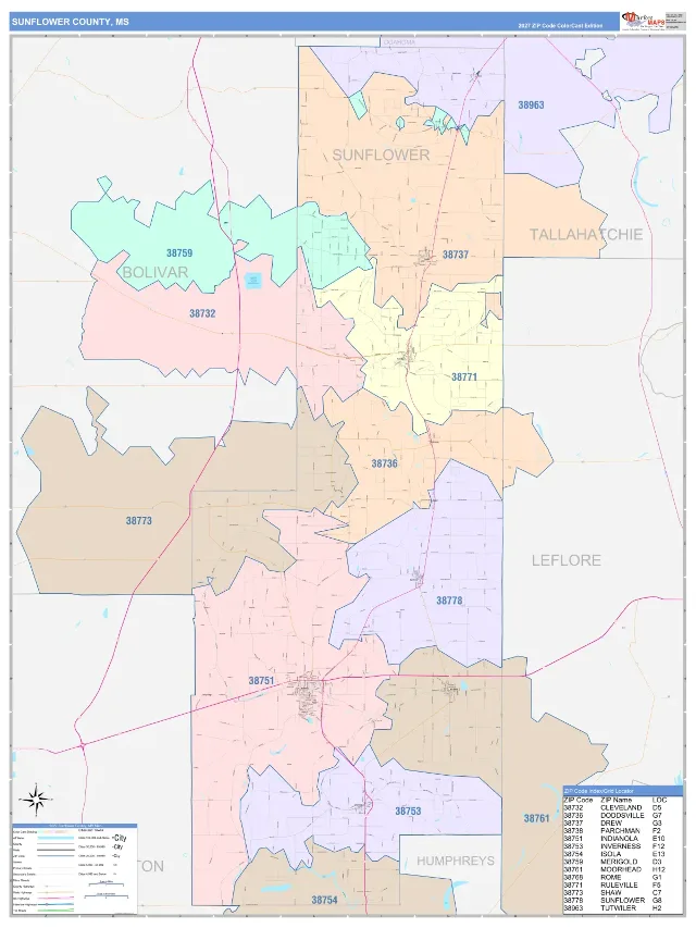 Sunflower County, MS ZIP Code Wall Map, ColorCast style