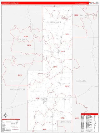 Sunflower County, MS RedLine style ZIP Code wall map