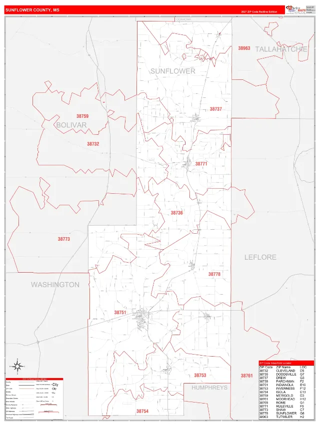 Sunflower County, MS ZIP Code Wall Map, RedLine style