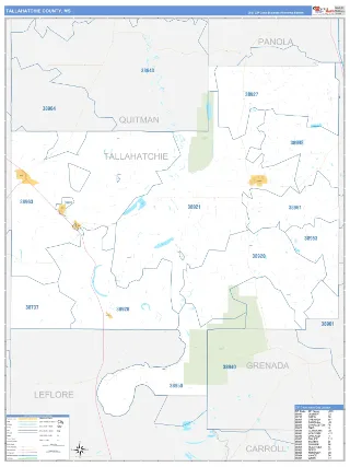 Tallahatchie County, MS Business Reference style ZIP Code wall map